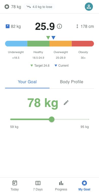 My Goal: current and target BMI markers, an adjustable 78 kg goal, and body profile settings.